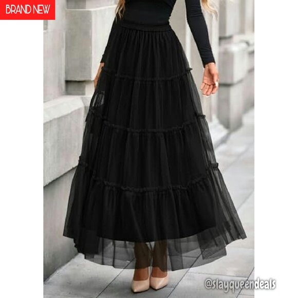 Tulle Maxi Skirt High Waist Elastic Fairy Tiered A-Line Long Skirt - Picture 5 of 8
